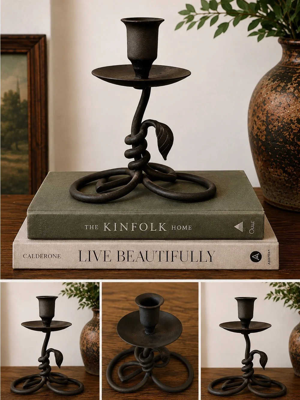 Handcrafted Wrought Iron Twisted Vine and Leaf Candle Holder - Black (1)